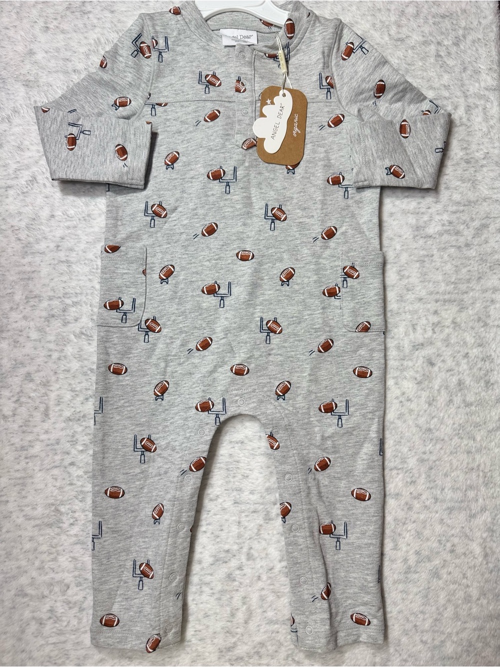 NWOT Angel Dear Football Romper 12-18M Baby Organic Cotton Gray Game Day